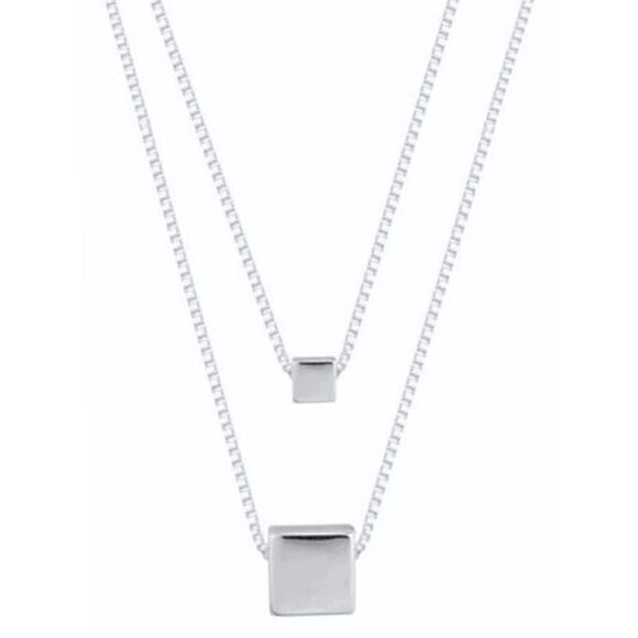 Sterling Silver Plated Two Row Necklace With Square Pendant - Picture 3 of 3